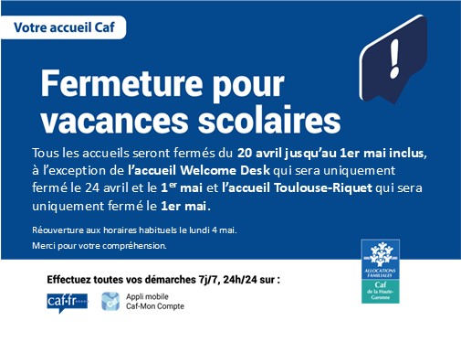 Tous les accueils seront fermés du 20 avril jusqu’au 1er mai inclus, à l’exception de l’accueil Welcome Desk qui sera uniquement fermé le 24 avril et le 1er mai et l’accueil Toulouse-Riquet qui sera uniquement fermé le 1er mai. 