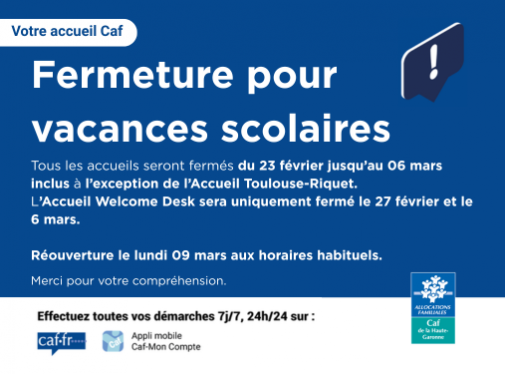 Tous les accueils seront fermés du lundi 23 février au vendredi 6 mars inclus, à l'exception de l'accueil Toulouse-Riquet. L'accueil Welcome Desk sera uniquement fermé le vendredi 27 février et le 06 mars.