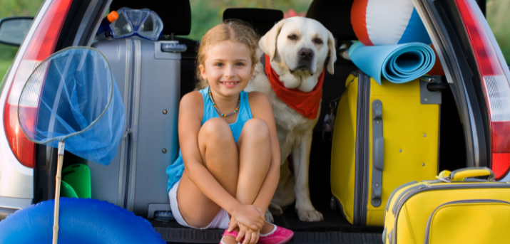 Enfant assise à l'arrière d'une voiture avec un chien et des valises