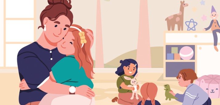 Extrait de l'affiche de la semaine des RPE avec une nounou tenant un enfant dans ses bras et des enfants en train de jouer illustrés