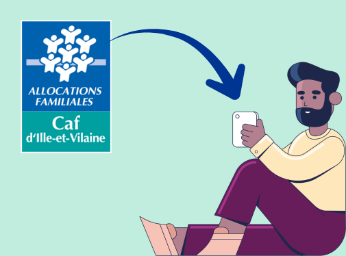 Personnage assis qui télécharge le logotype de la Caf d'Ille-et-Vilaine sur son smartphone