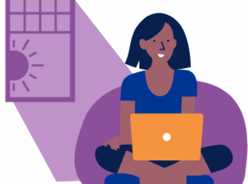 picto représentant une femme assise chez elle qui consulte son ordinateur portable